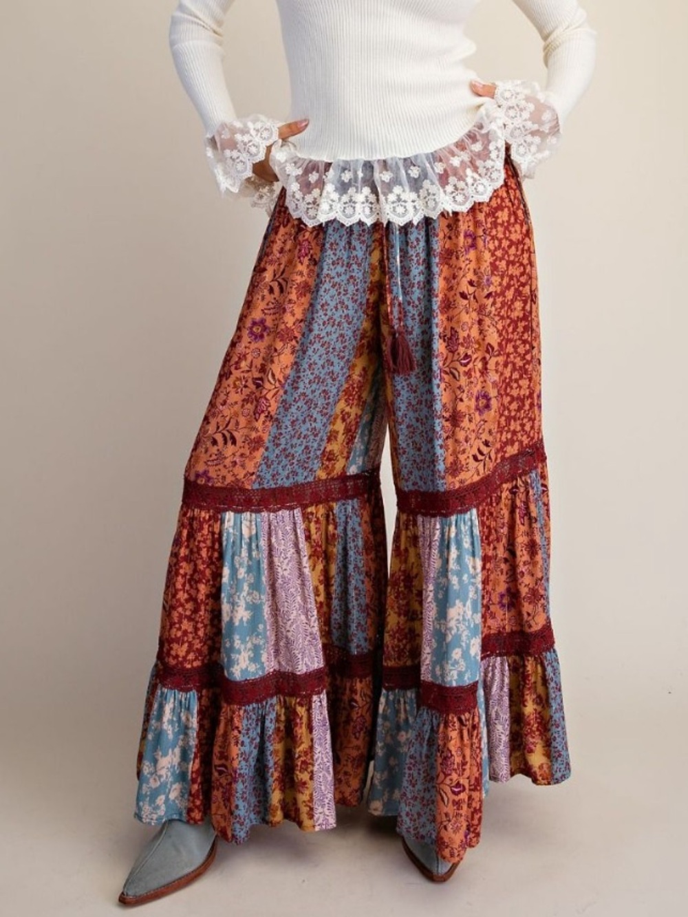 P117 Easel Rust Patchwork Print Crochet Trim Ruffle Wide Leg Boho Palazzo - Picture 4 of 4